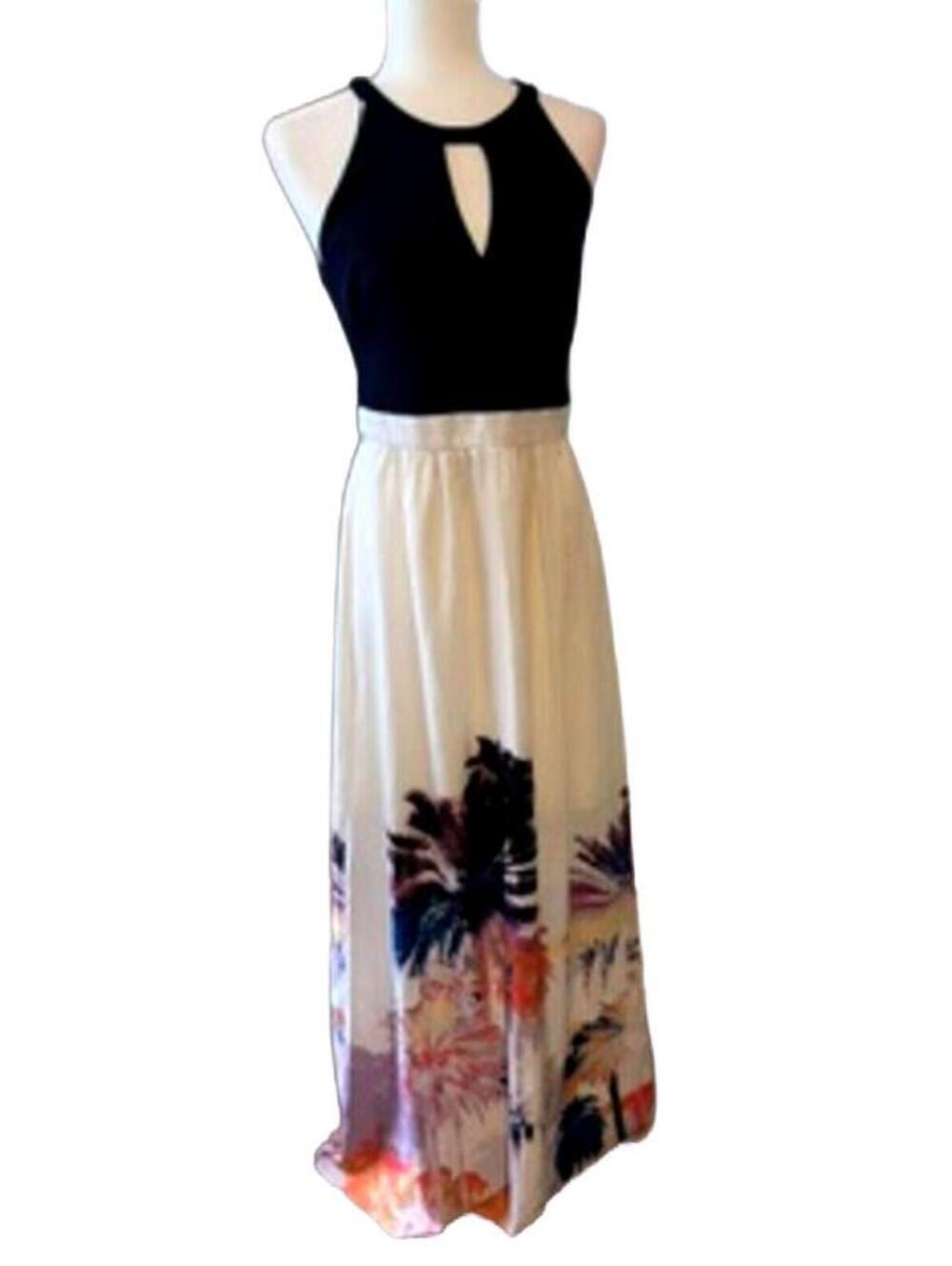 Vince Camuto Colorblock Maxi Dress 8 Black Cream Tropical Palm Floral Keyhole